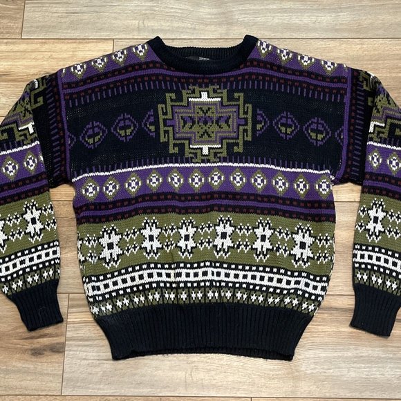 Men’s Todays News Sweater SZ Medium Vintage Purple Black Green Knit - Picture 2 of 9
